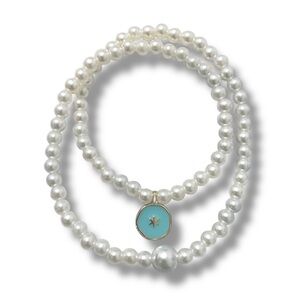 Classic Faux Pearl Lightweight Necklace with Star Gold Plated Blue Charm 16”